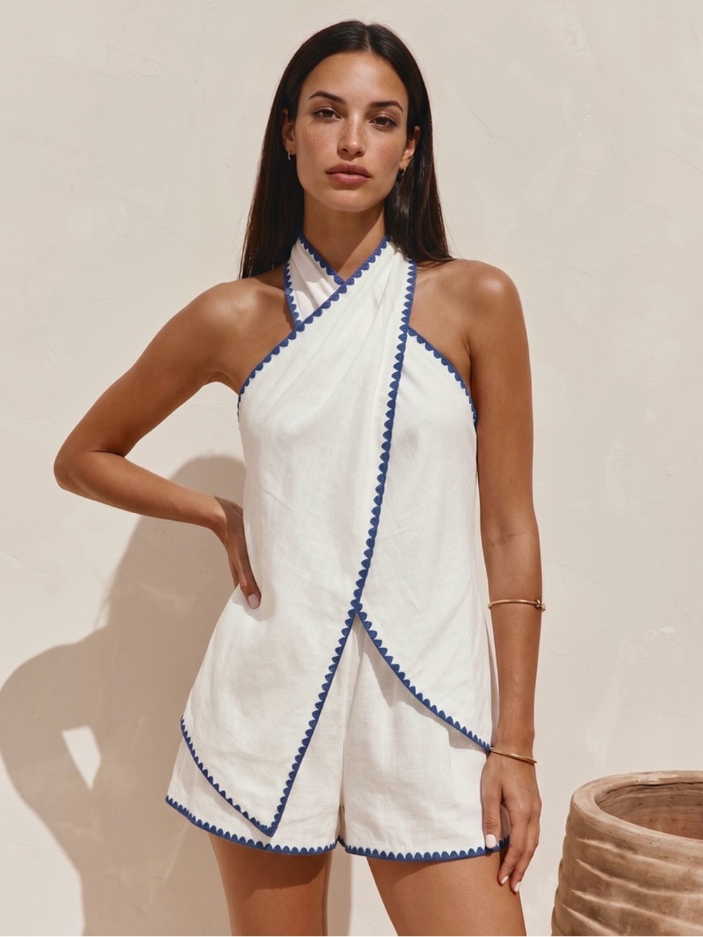 Commense White Halter Short Set with Blue Trim